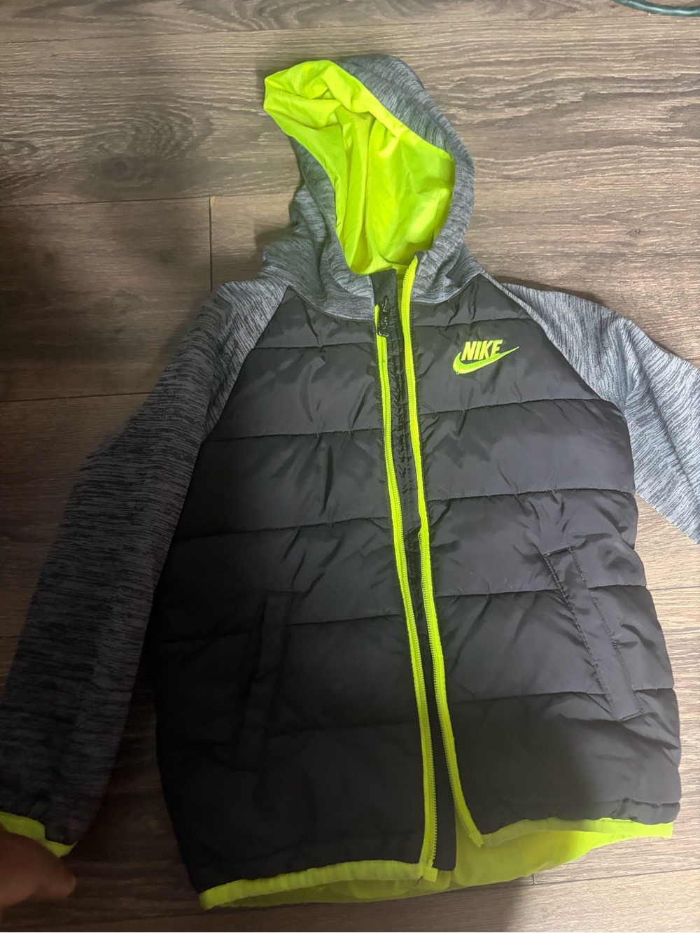 Nike Black Puffer Jacket with Neon Green Trim and Gray Sleeves